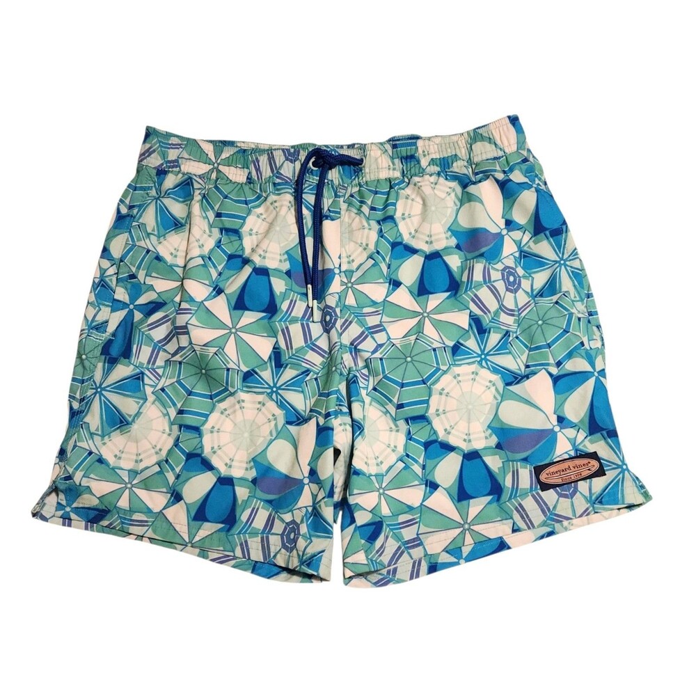 Vineyard Vines 7" Chappy Swim Trunks Green Blue Geometric Umbrellas Mens Size S